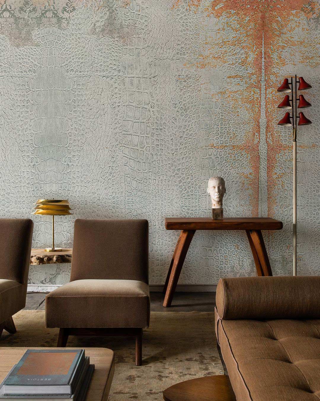 Vintage teal and orange abstract mural with brown furniture, modern lamp, and stylish room decor.