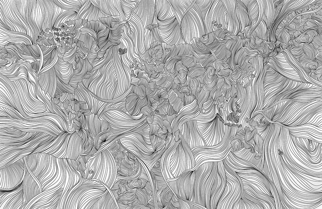 Monochrome Floral Fantasy: Elegant Black and White Line Art Wallpaper
