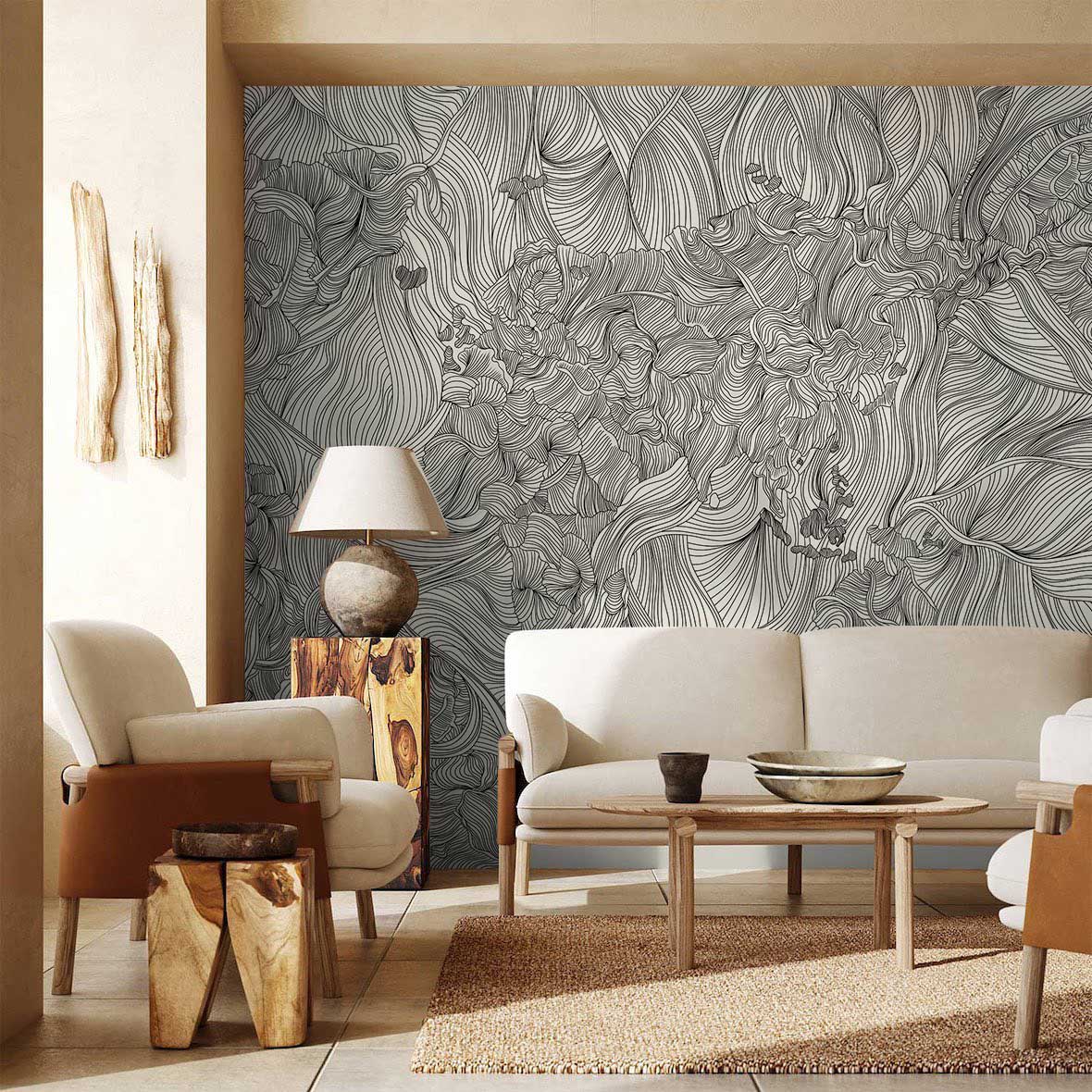 Monochrome Floral Fantasy wallpaper in modern lounge with beige sofa, geometric lamp, and light tiles.