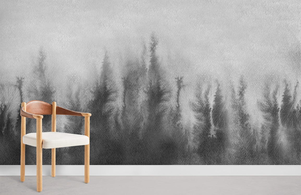Misty Forest Grey Watercolour Mural Wallpaper, wooden chair, minimalist style, concrete flooring, modern decor.