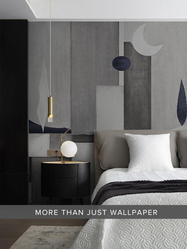 Contemporary grey mural wallpaper, geometric design; bedroom setting with modern bed, side table, and lighting.