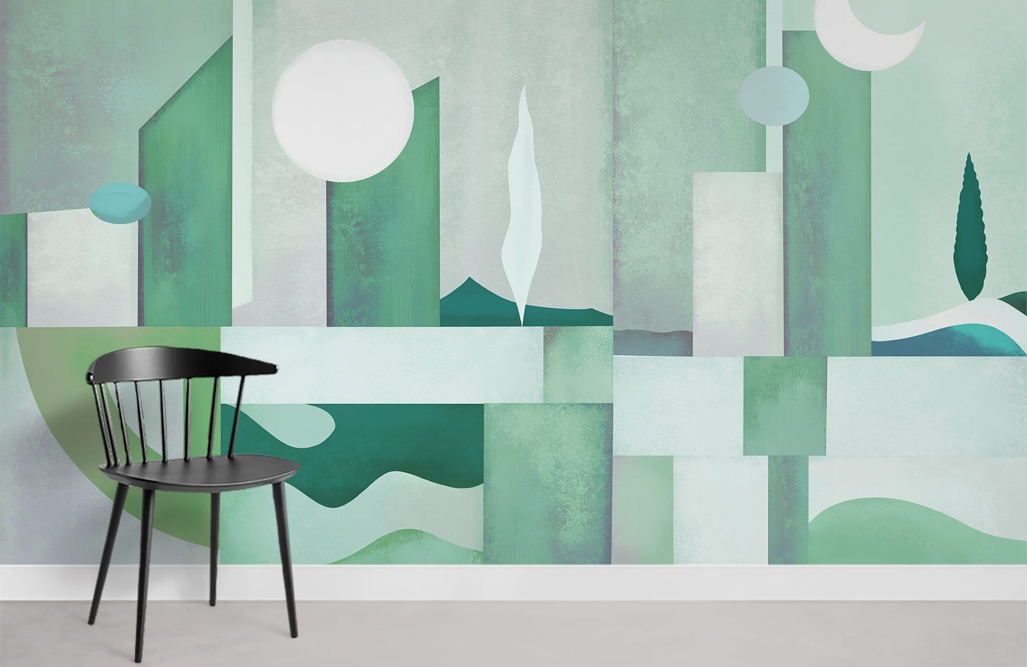 Abstract Geometric Green Mural Wallpaper with modern black chair; pastel art design in living room.