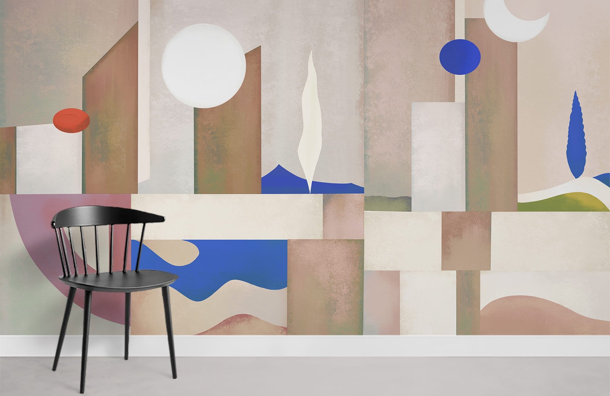 Abstract geometric mural wallpaper in earthy tones, modernist style. Black chair, light flooring, contemporary room.