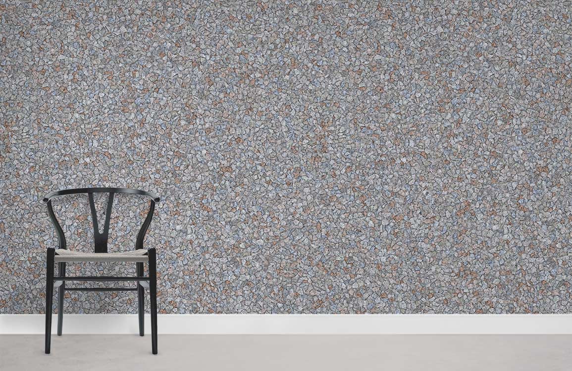 Textured grey granite stone wallpaper, modern interiors, black chair, smooth grey flooring, elegant style.