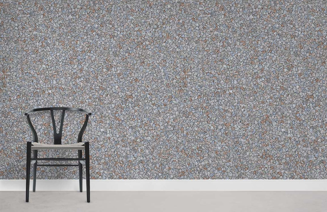 Textured grey granite stone wallpaper, modern interiors, black chair, smooth grey flooring, elegant style.