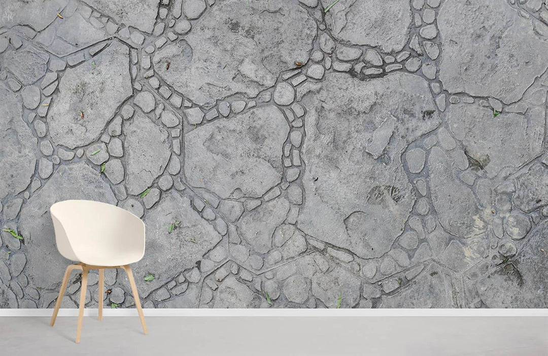 Grey Textured Stone Effect Wallpaper in urban room, white chair, light grey floor, rustic decor.