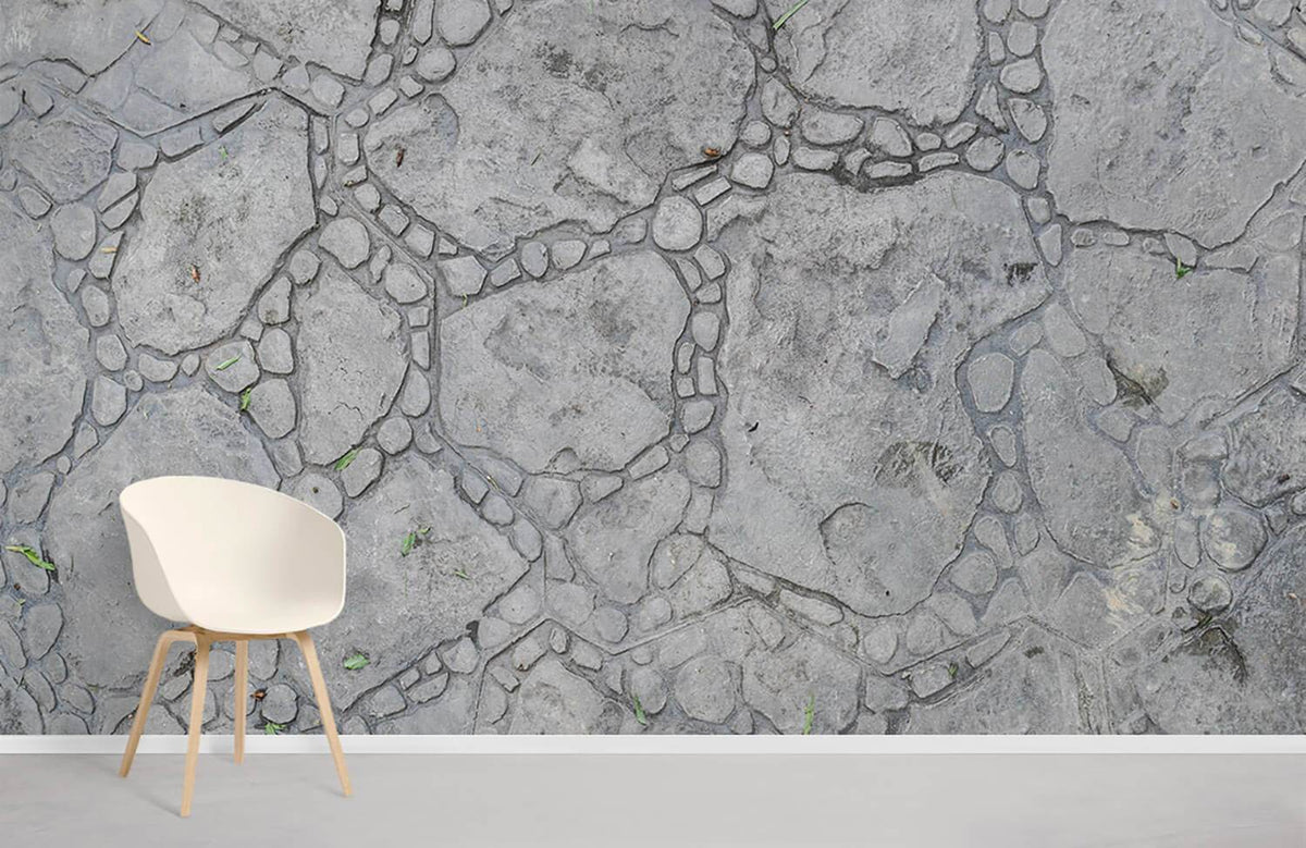 Grey Textured Stone Effect Wallpaper in urban room, white chair, light grey floor, rustic decor.