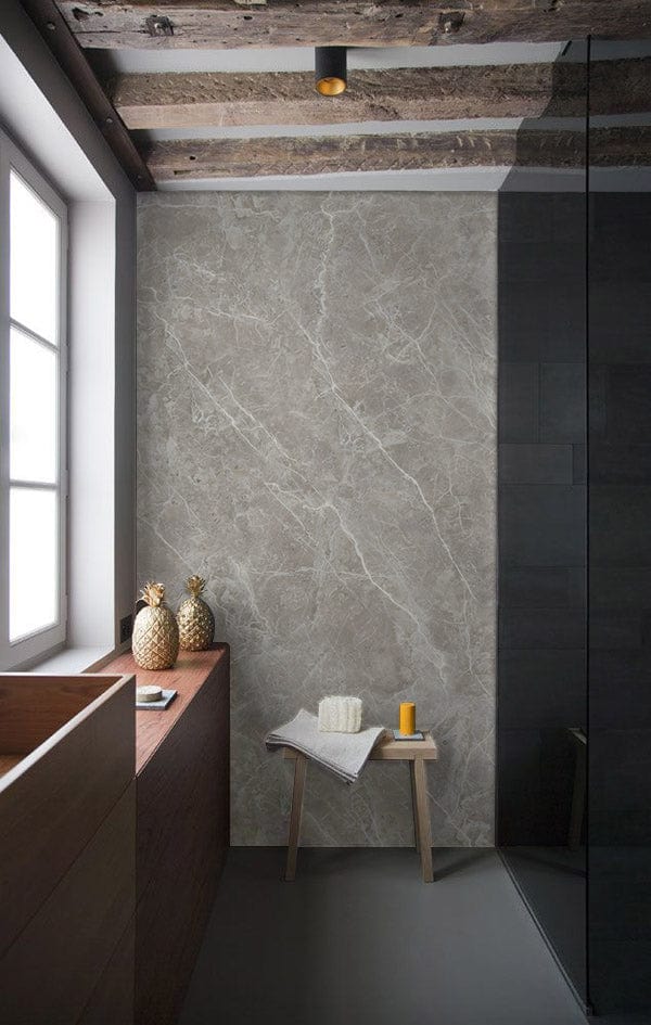 Elegant grey marble effect wallpaper in modern bathroom with wood accents and minimalist decor.
