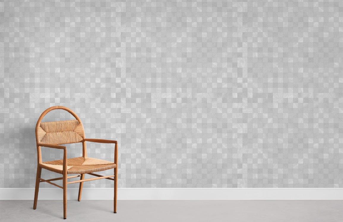 Modern grey abstract wallpaper in a minimalist room with wicker chair and light grey flooring.