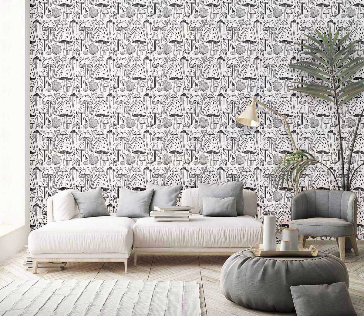 Rustic mushroom wallpaper in modern living room, grey sofa, light wood flooring, stylish decor.