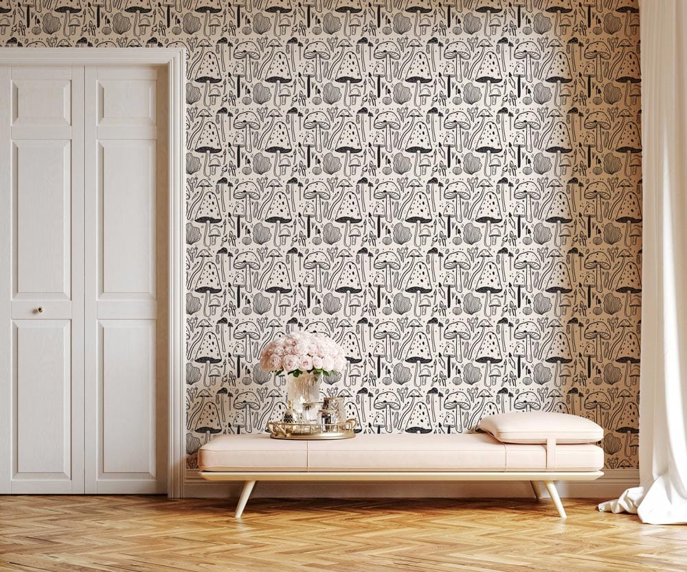 Rustic Monochrome Mushroom Forest Wallpaper, light peach sofa, wooden flooring, contemporary interior.
