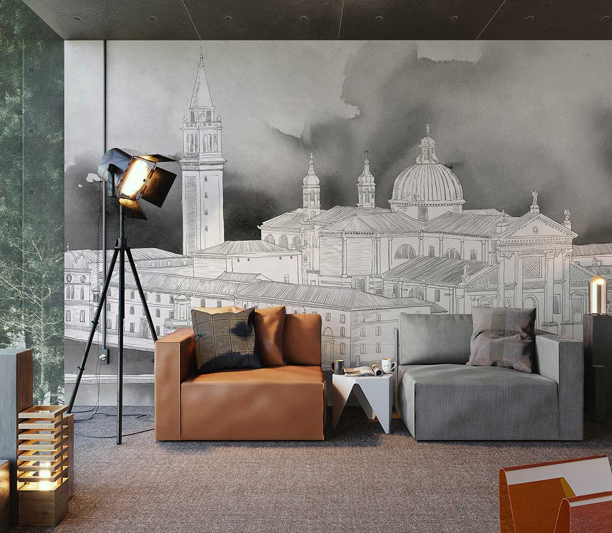 Modern living room with monochrome Venetian mural wallpaper, brown armchair, grey sofa, and floor lamp.