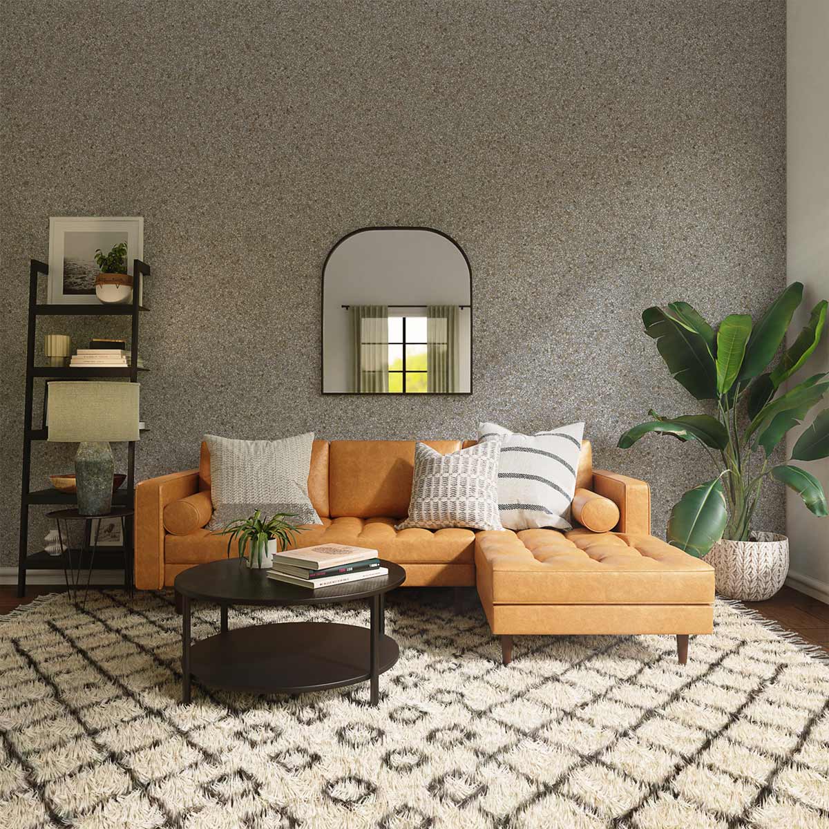 Elegant grey speckle wallpaper in cosy living room with mustard sofa, patterned rug, and mirror.