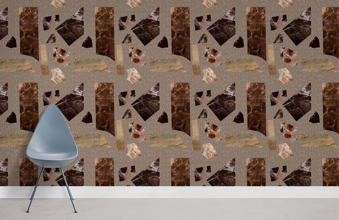 Rustic Earth Tones geometric wallpaper in contemporary room, grey chair, concrete flooring, modern decor.