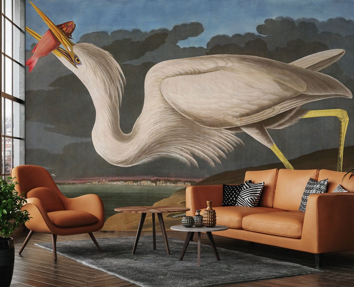 Elegant Heron Vintage Mural Wallpaper in living room with brown leather sofa on wooden flooring.