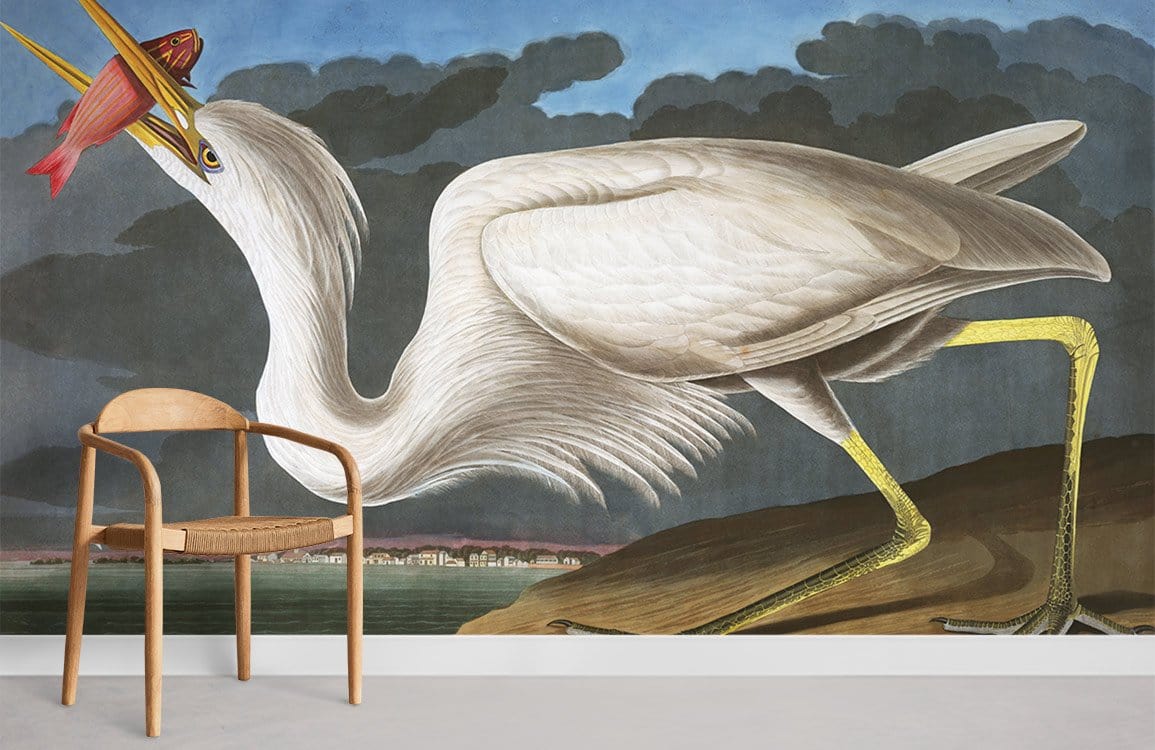 Elegant Heron Vintage Mural Wallpaper featuring a heron design, wooden chair, grey flooring, cloudy backdrop.