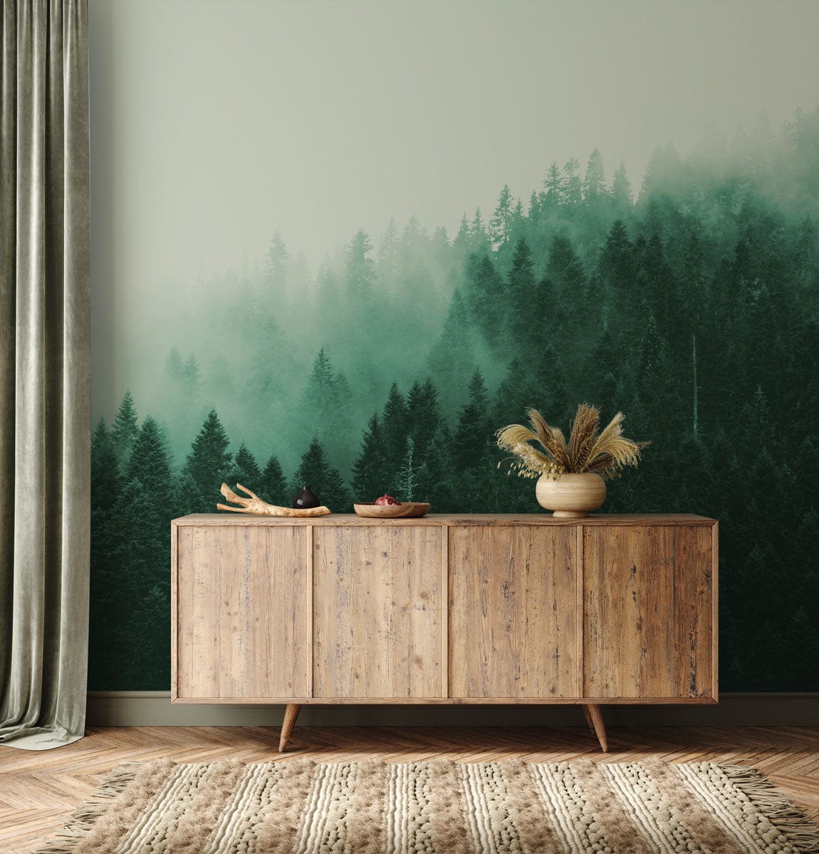 Emerald Mist Forest Landscape Mural Wallpaper, wooden sideboard, chevron flooring, serene living room Décor.
