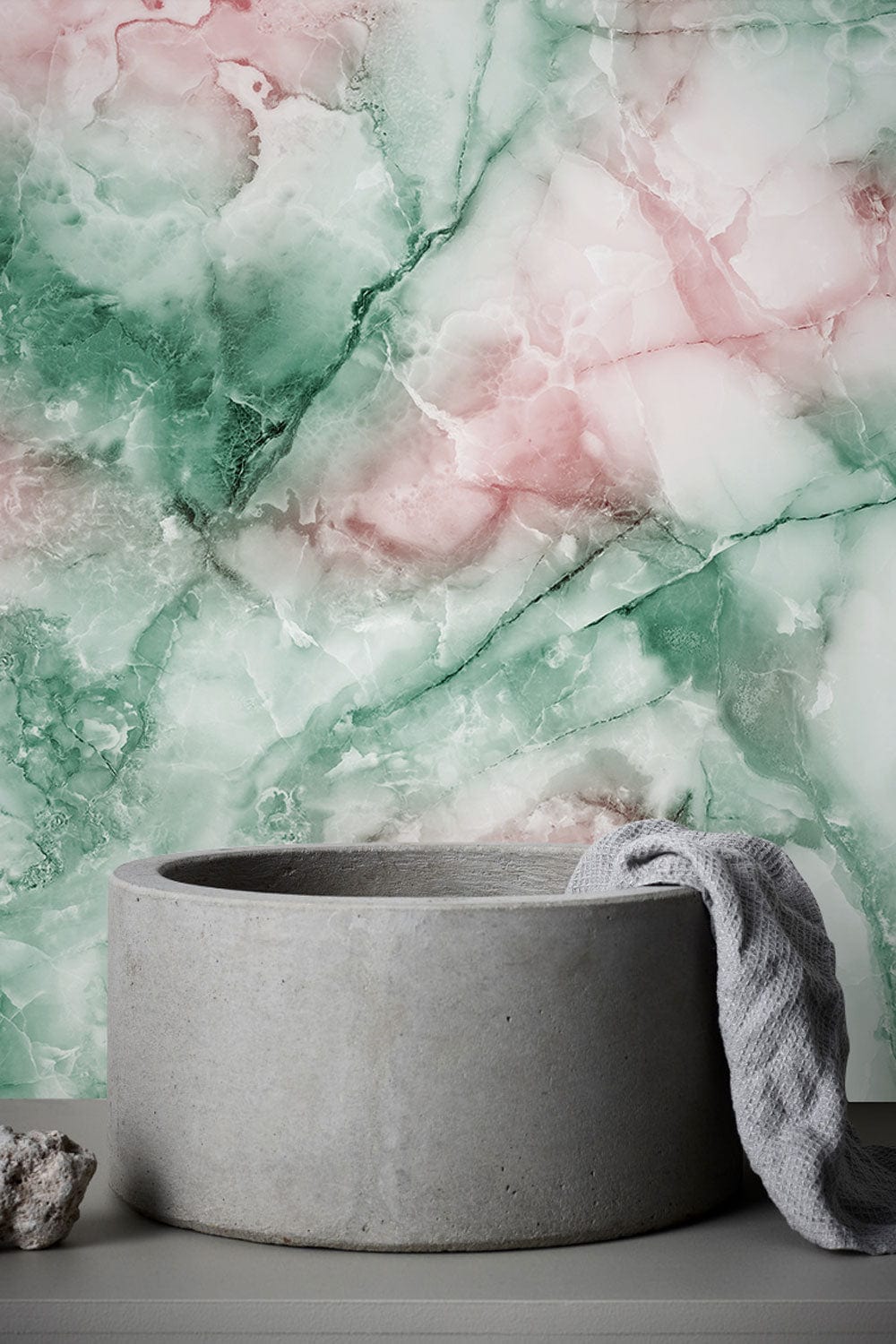 Marble Effect Green and Pink Wallpaper, Abstract Luxury Design, Concrete Basin, Modern Bathroom Decor.