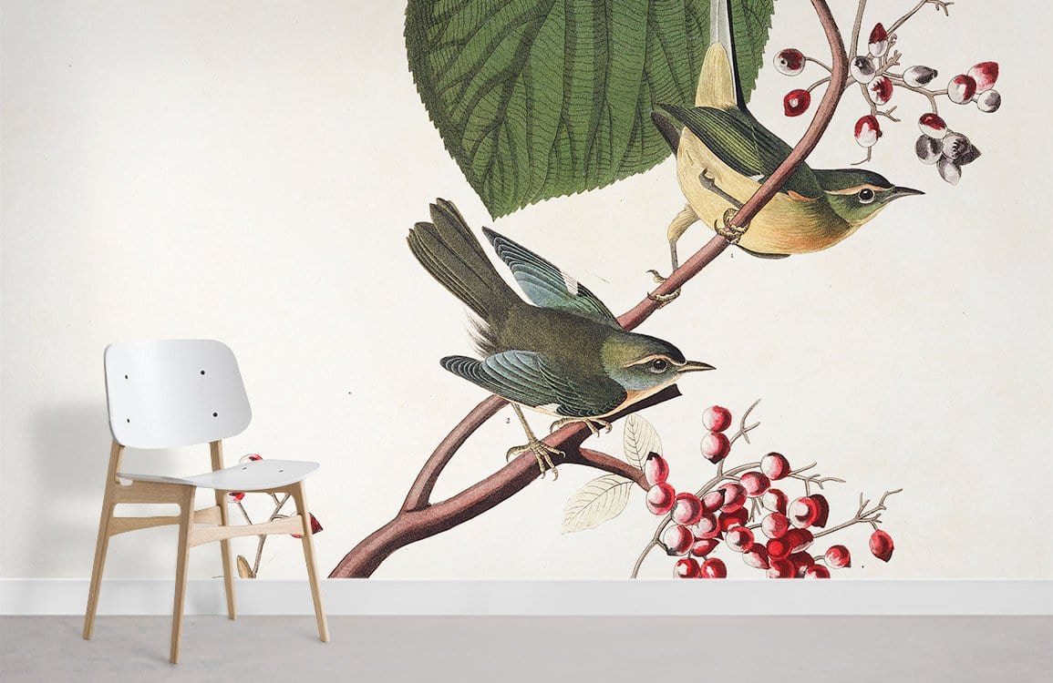 Vintage Botanical Birds Wallpaper with green leaves, red berries; white wall, wooden chair, grey flooring.