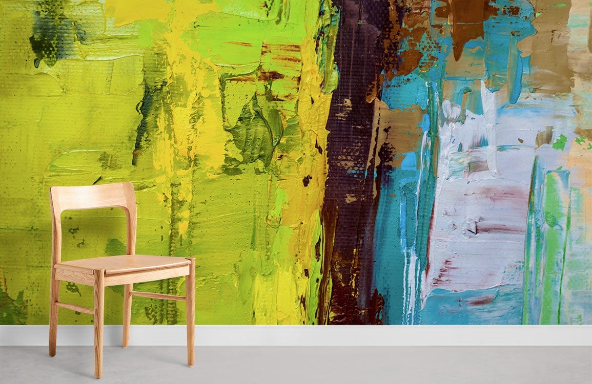 Vibrant abstract brushstroke mural wallpaper with a wooden chair, concrete flooring, in a modern room.