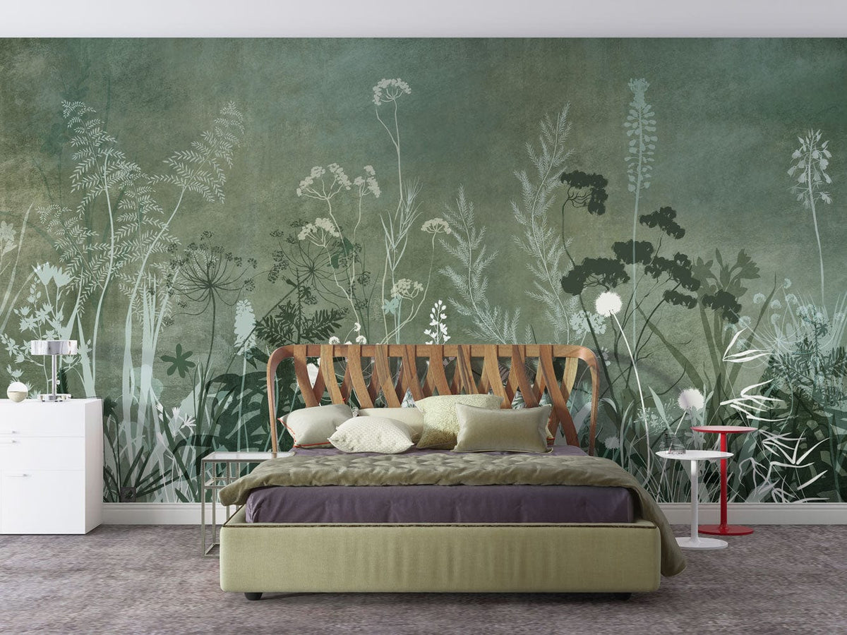 Botanical Forest Green Floral Mural Wallpaper in elegant bedroom with green bed and modern furniture.
