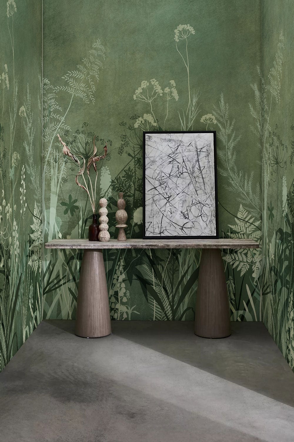 Botanical Forest Green Floral Wallpaper with Nature Pattern, featuring abstract artwork and modern console table.