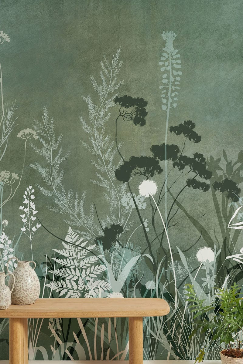 Botanical Forest Green Floral Mural Wallpaper, nature pattern, wooden table, elegant home Décor.