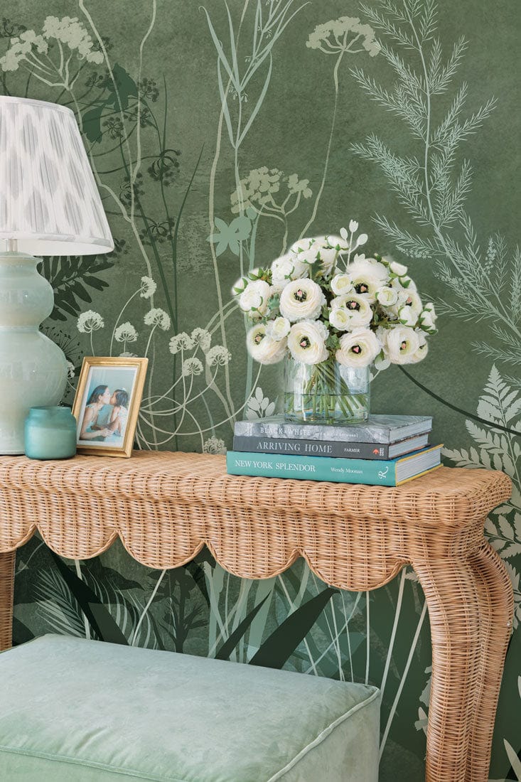 Botanical Forest Green Floral Mural Wallpaper, wicker table, elegant green room, soft aqua stool.