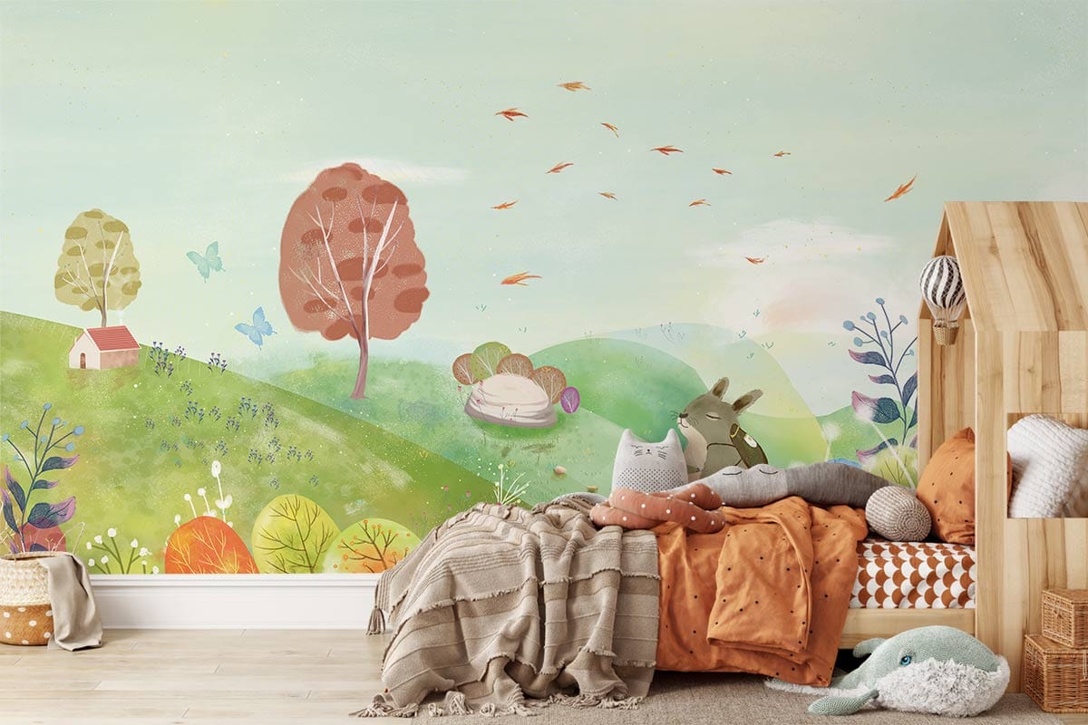 Whimsical Pastel Countryside Mural Wallpaper with playful animals, rustic wooden canopy bed, cosy cushions.