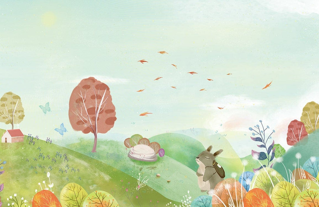 Whimsical Pastel Countryside Mural Wallpaper with Playful Animals and Trees