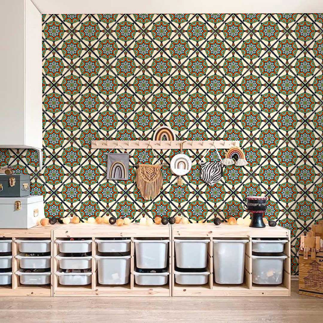 Vintage Moroccan Tile Pattern Wallpaper, vibrant geometric design with wooden storage units, children's room.