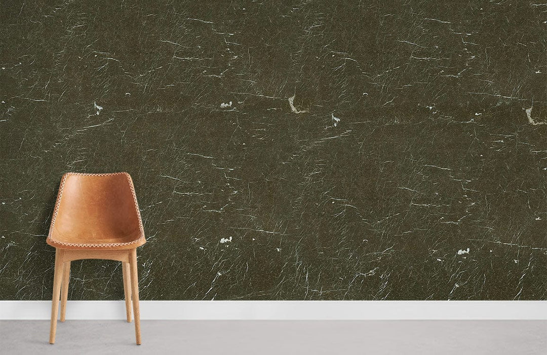 Elegant dark marble texture wallpaper, luxurious green stone design, leather chair, modern minimalistic room.