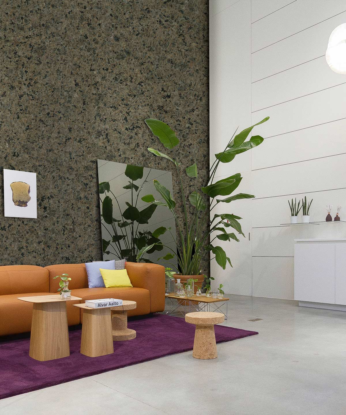Elegant dark granite wallpaper in modern living room with brown sofa, purple rug, and indoor plants.