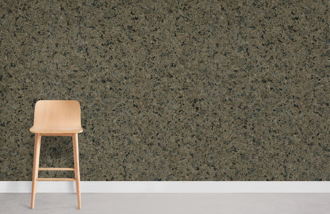 Elegant dark granite textured wallpaper, modern minimalist design with wooden chair, in contemporary living room.