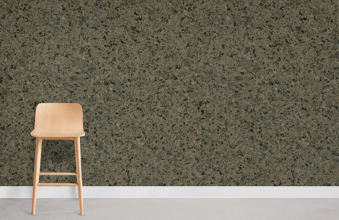 Elegant dark granite textured wallpaper, modern minimalist design with wooden chair, in contemporary living room.