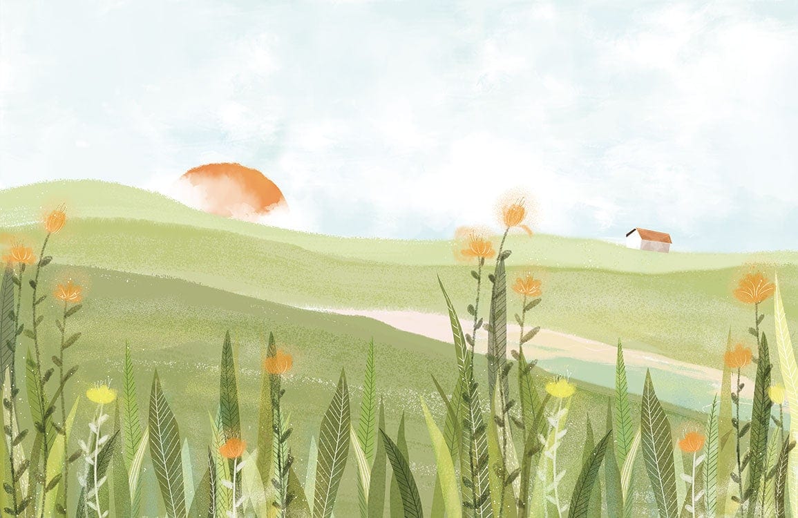 Serene Pastoral Landscape Mural Wallpaper - Green Hills with Orange Sunset