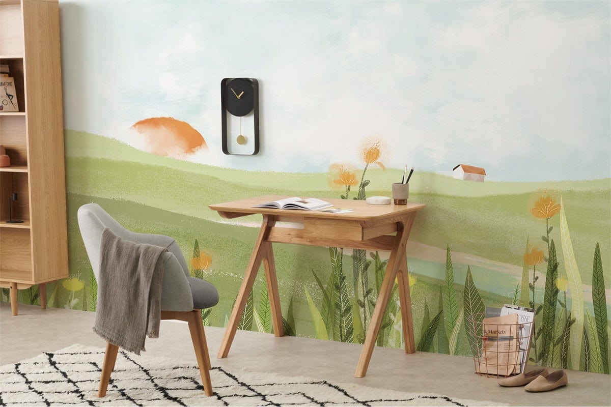 Serene Pastoral Landscape Wallpaper in office with wooden desk, grey chair, modern clock, patterned rug.