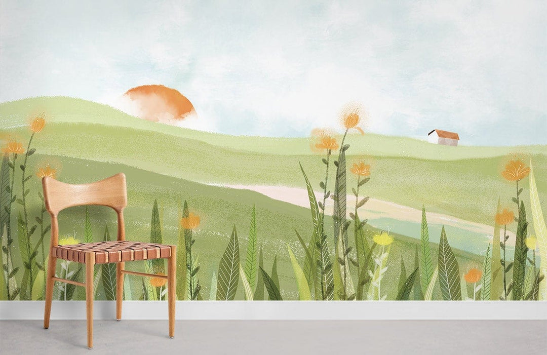 Serene Pastoral Landscape Wallpaper: Green Hills, Orange Sunset, Wooden Chair, Light Grey Floor in Living Room.