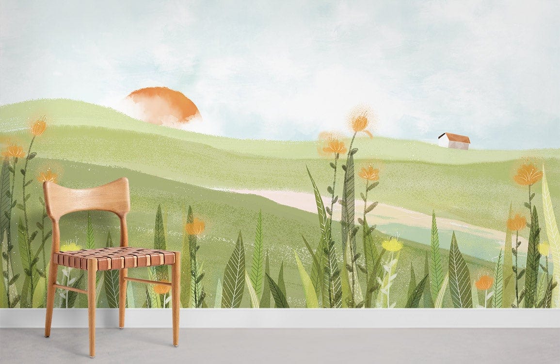 Serene Pastoral Landscape Wallpaper: Green Hills, Orange Sunset, Wooden Chair, Light Grey Floor in Living Room.