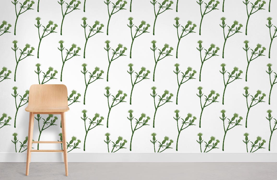 Elegant green botanical floral wallpaper in modern interior with wooden chair and grey flooring.