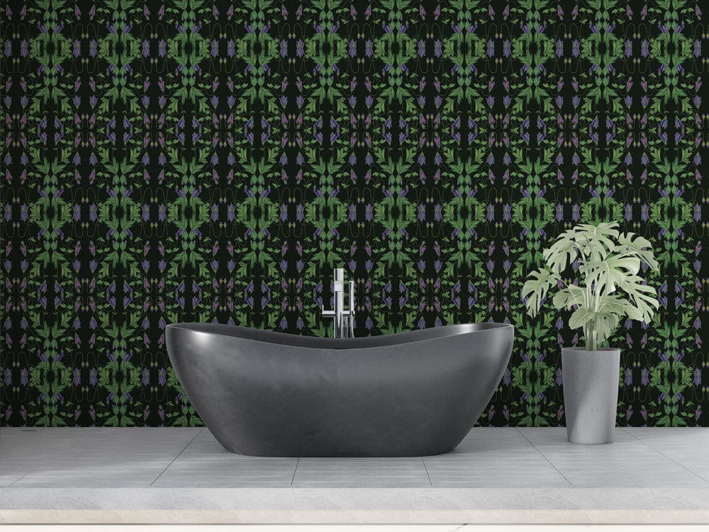 Dark Botanical Wallpaper, vibrant green foliage, elegant bathroom with modern black bathtub, grey tiled floor.