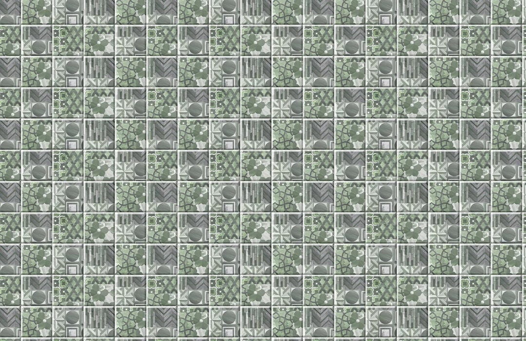 Geometric Green and Grey Retro Tile Pattern Wallpaper for Chic Interiors