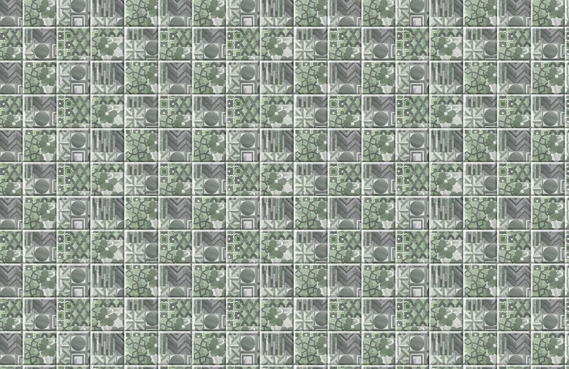 Geometric Green and Grey Retro Tile Pattern Wallpaper for Chic Interiors