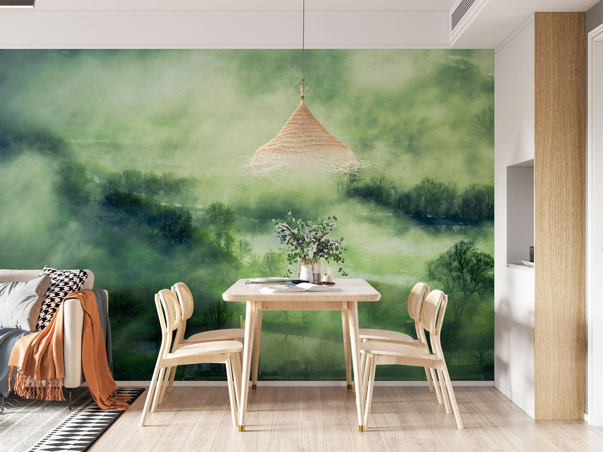 Serene Misty Landscape wallpaper in dining room, wooden table, chairs, pendant light, light wood flooring.