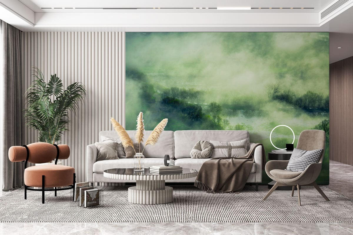 Serene Misty Landscape wallpaper decor in modern living room with neutral sofa, textured walls, sleek flooring.