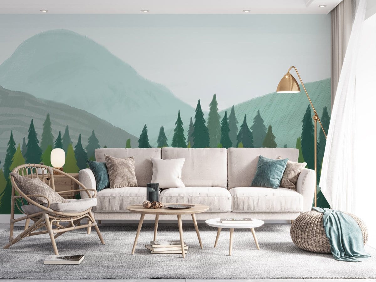 Tranquil Evergreen Forest Mural with beige sofa, rattan chair, wooden tables, and grey carpet in living room.