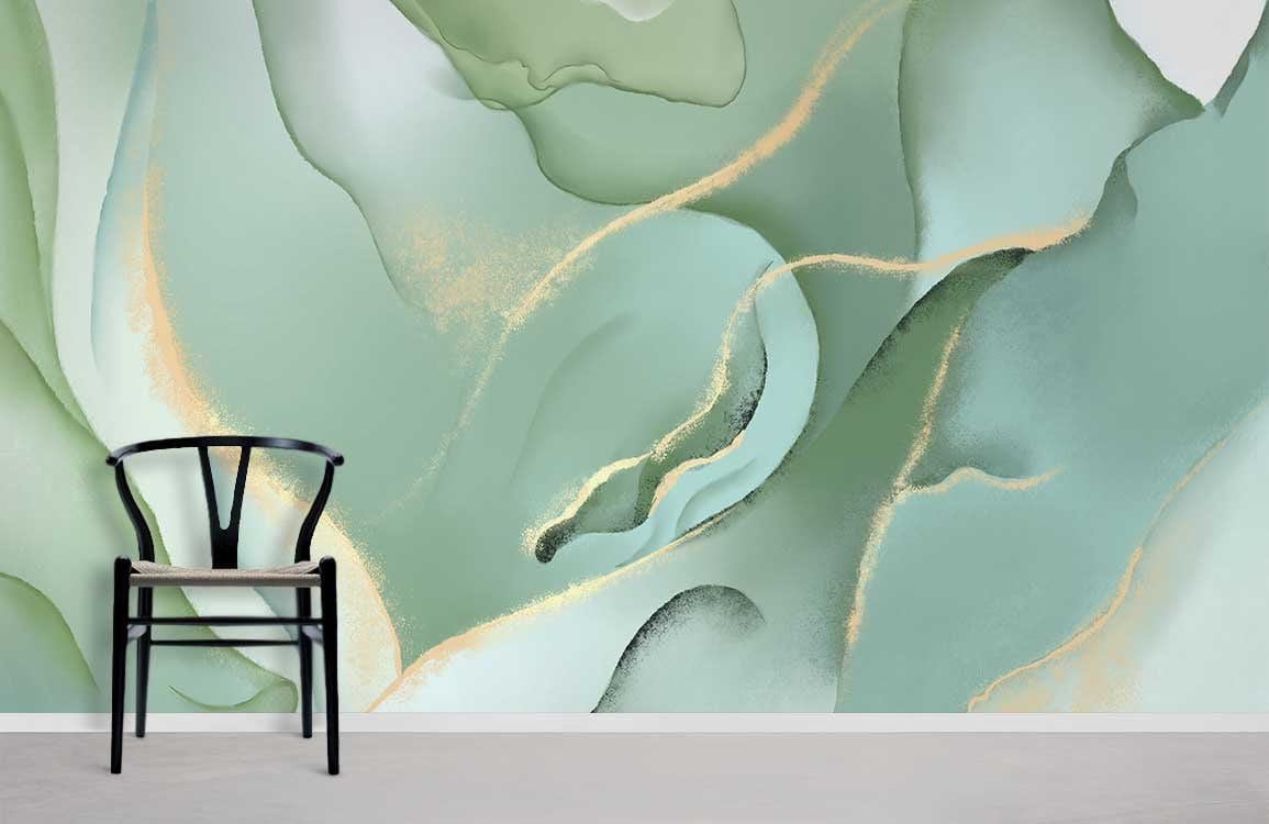Emerald Serenity green wallpaper with gold highlights, featuring chair on light flooring. Abstract art design.