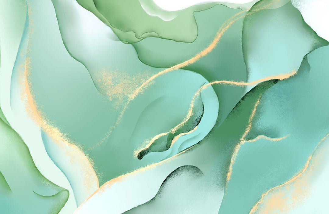 Emerald Serenity Abstract Art Wallpaper with Gold Highlights in Green Tones