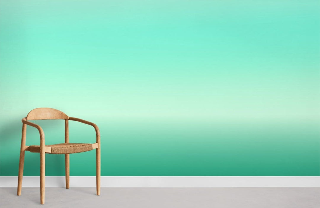 Mint green Serene Aqua Gradient Wallpaper with wooden chair and grey carpet in modern living room.