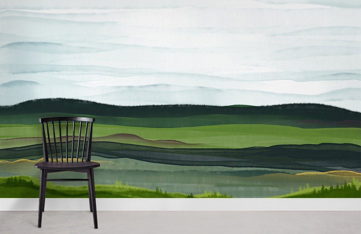 Serene Green Landscape Mural Wallpaper with black chair on grey floor, creating a tranquil escape.
